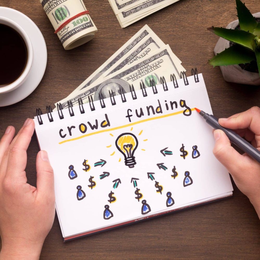 A woman drawing a light bulb surrounded by dollar signs, symbolizing the concept of crowdfunding platforms
